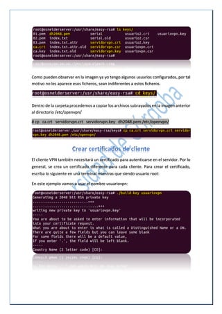 Como pueden observar en la imagen ya yo tengo algunos usuarios configurados, por tal
motivo no les aparece esos ficheros, sean indiferentes a estos ficheros.
Dentro de la carpeta procedemos a copiar los archivos subrayados en la imagen anterior
al directorio /etc/openvpn/
# cp ca.crt servidorvpn.crt servidorvpn.key dh2048.pem /etc/openvpn/
El cliente VPN también necesitará un certificado para autenticarse en el servidor. Por lo
general, se crea un certificado diferente para cada cliente. Para crear el certificado,
escriba lo siguiente en una terminal mientras que siendo usuario root:
En este ejemplo vamos a usar el nombre usuariovpn:
 