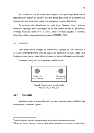 12


          Ao contrário do que se pensa, nem sempre o principal inimigo está fora da
rede, como um hacker4 ou cracker 5, mas sim dentro dela, como um funcionário mal
intencionado, que geralmente possui livre acesso aos recursos disponíveis.

          As ameaças são classificadas em dois tipos: Passivas, onde o sistema
continua a operação sem a percepção de ter um invasor na rede e, geralmente,
acontece roubo de informações; e Ativas, onde o invasor prejudica o sistema,
atingindo os dados ou degradando os serviços (BATISTA, 2002).



3.2.      ATAQUES


          Para saber como proteger as informações sigilosas de uma empresa é
necessário entender primeiro como os ataques se classificam e quais os tipos mais
freqüentes, para que se possa utilizar o método correto de defesa em cada situação.

          Baseados na Figura 7, os ataques se classificam em:




                             Origem da                        Destino da
                            Informação                       Informação


                              Figura 7: Fluxo normal de uma informação.
                                     Fonte: D’ÁVILLA, 2002, p. 2.



3.2.1.        Interrupção


          Visa interromper o serviço oferecido, ou seja, ataca-se a disponibilidade das
informações, conforme a Figura 8.




4
    Indivíduo hábil em enganar os mecanismos de segurança de sistemas de computação.
5
    Mesmo que hacker, mas com o intuito de roubar, alterar ou apagar as informações da rede invadida.
 