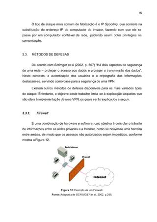 15


         O tipo de ataque mais comum de fabricação é o IP Spoofing, que consiste na
substituição do endereço IP do computador do invasor, fazendo com que ele se
passe por um computador confiável da rede, podendo assim obter privilégios na
comunicação.



3.3.     MÉTODOS DE DEFESAS


         De acordo com Scrimger et al (2002, p. 507) “Há dois aspectos da segurança
de uma rede – proteger o acesso aos dados e proteger a transmissão dos dados”.
Neste contexto, a autenticação dos usuários e a criptografia das informações
destacam-se, servindo como base para a segurança de uma VPN.

         Existem outros métodos de defesas disponíveis para os mais variados tipos
de ataque. Entretanto, o objetivo deste trabalho limita-se à explicação daqueles que
são úteis à implementação de uma VPN, os quais serão explicados a seguir.



3.3.1.      Firewall


         É uma combinação de hardware e software, cujo objetivo é controlar o trânsito
de informações entre as redes privadas e a Internet, como se houvesse uma barreira
entre ambas, de modo que os acessos não autorizados sejam impedidos, conforme
mostra a Figura 12.




                              Figura 12: Exemplo de um Firewall.
                       Fonte: Adaptada de SCRIMGER et al, 2002, p.255.
 