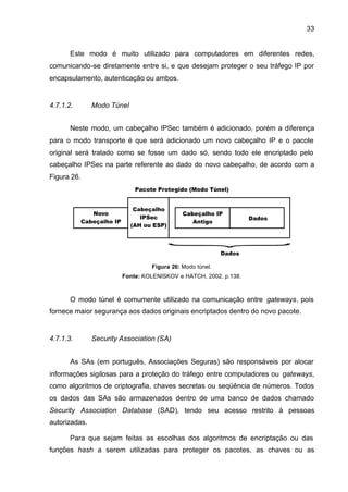 33


       Este modo é muito utilizado para computadores em diferentes redes,
comunicando-se diretamente entre si, e que desejam proteger o seu tráfego IP por
encapsulamento, autenticação ou ambos.


4.7.1.2.       Modo Túnel


       Neste modo, um cabeçalho IPSec também é adicionado, porém a diferença
para o modo transporte é que será adicionado um novo cabeçalho IP e o pacote
original será tratado como se fosse um dado só, sendo todo ele encriptado pelo
cabeçalho IPSec na parte referente ao dado do novo cabeçalho, de acordo com a
Figura 26.




                                 Figura 26: Modo túnel.
                        Fonte: KOLENISKOV e HATCH, 2002, p.138.



       O modo túnel é comumente utilizado na comunicação entre gateways, pois
fornece maior segurança aos dados originais encriptados dentro do novo pacote.


4.7.1.3.       Security Association (SA)


       As SAs (em português, Associações Seguras) são responsáveis por alocar
informações sigilosas para a proteção do tráfego entre computadores ou gateways,
como algoritmos de criptografia, chaves secretas ou seqüência de números. Todos
os dados das SAs são armazenados dentro de uma banco de dados chamado
Security Association Database (SAD), tendo seu acesso restrito à pessoas
autorizadas.

       Para que sejam feitas as escolhas dos algoritmos de encriptação ou das
funções hash a serem utilizadas para proteger os pacotes, as chaves ou as
 