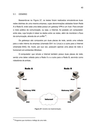 40


5.1.      CENÁRIO


          Baseando-se na Figura 27, os testes foram realizados simulando-se duas
redes distintas de uma mesma empresa, cujas denominações adotadas foram Rede
A e Rede B, onde cada uma delas possui um gateway VPN e um host. Para simular
o meio público de comunicação, ou seja, a Internet, foi postado um computador
entre elas, cuja função é rotear os dados entre as redes, além de monitorar o fluxo
da comunicação, através de um sniffer 10.

          Os gateways são compostos por duas placas de rede, sendo uma voltada
para a rede interna da empresa (chamada Eth1 no Linux) e a outra para a Internet
(chamada Eth0). Os hosts, por sua vez, possuem apenas uma placa de rede e
funcionam em ambientes Windows .

          O computador que simula a Internet também possui duas placas de rede,
sendo uma delas voltada para a Rede A e a outra para a Rede B, servindo como
roteadores de ambas.




                                Figura 27: Cenário da implementação.




10
     Programa que monitora o tráfego de uma rede.
 