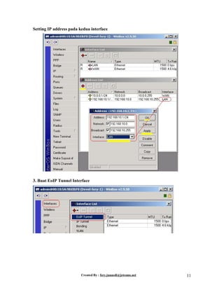 Created By : fery.junaedi@jetcoms.net 11
Setting IP address pada kedua interface
3. Buat EoIP Tunnel Interface
 