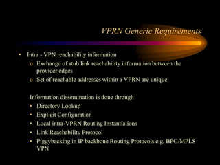 VPRN Generic Requirements
• Intra - VPN reachability information
o Exchange of stub link reachability information between the
provider edges
o Set of reachable addresses within a VPRN are unique
Information dissemination is done through
• Directory Lookup
• Explicit Configuration
• Local intra-VPRN Routing Instantiations
• Link Reachability Protocol
• Piggybacking in IP backbone Routing Protocols e.g. BPG/MPLS
VPN
 