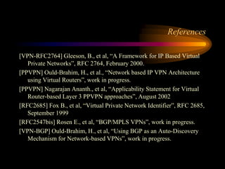 References
[VPN-RFC2764] Gleeson, B., et al, “A Framework for IP Based Virtual
Private Networks”, RFC 2764, February 2000.
[PPVPN] Ould-Brahim, H., et al., “Network based IP VPN Architecture
using Virtual Routers”, work in progress.
[PPVPN] Nagarajan Ananth., et al, “Applicability Statement for Virtual
Router-based Layer 3 PPVPN approaches”, August 2002
[RFC2685] Fox B., et al, “Virtual Private Network Identifier”, RFC 2685,
September 1999
[RFC2547bis] Rosen E., et al, “BGP/MPLS VPNs”, work in progress.
[VPN-BGP] Ould-Brahim, H., et al, “Using BGP as an Auto-Discovery
Mechanism for Network-based VPNs”, work in progress.
 