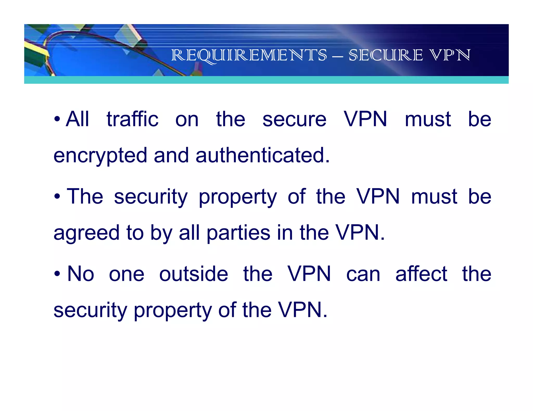 REQUIREMENTS – SECURE VPN
• All traffic on the secure VPN must be
encrypted and authenticated.
• The security property of the VPN must be
agreed to by all parties in the VPN.
• No one outside the VPN can affect the
security property of the VPN.
 