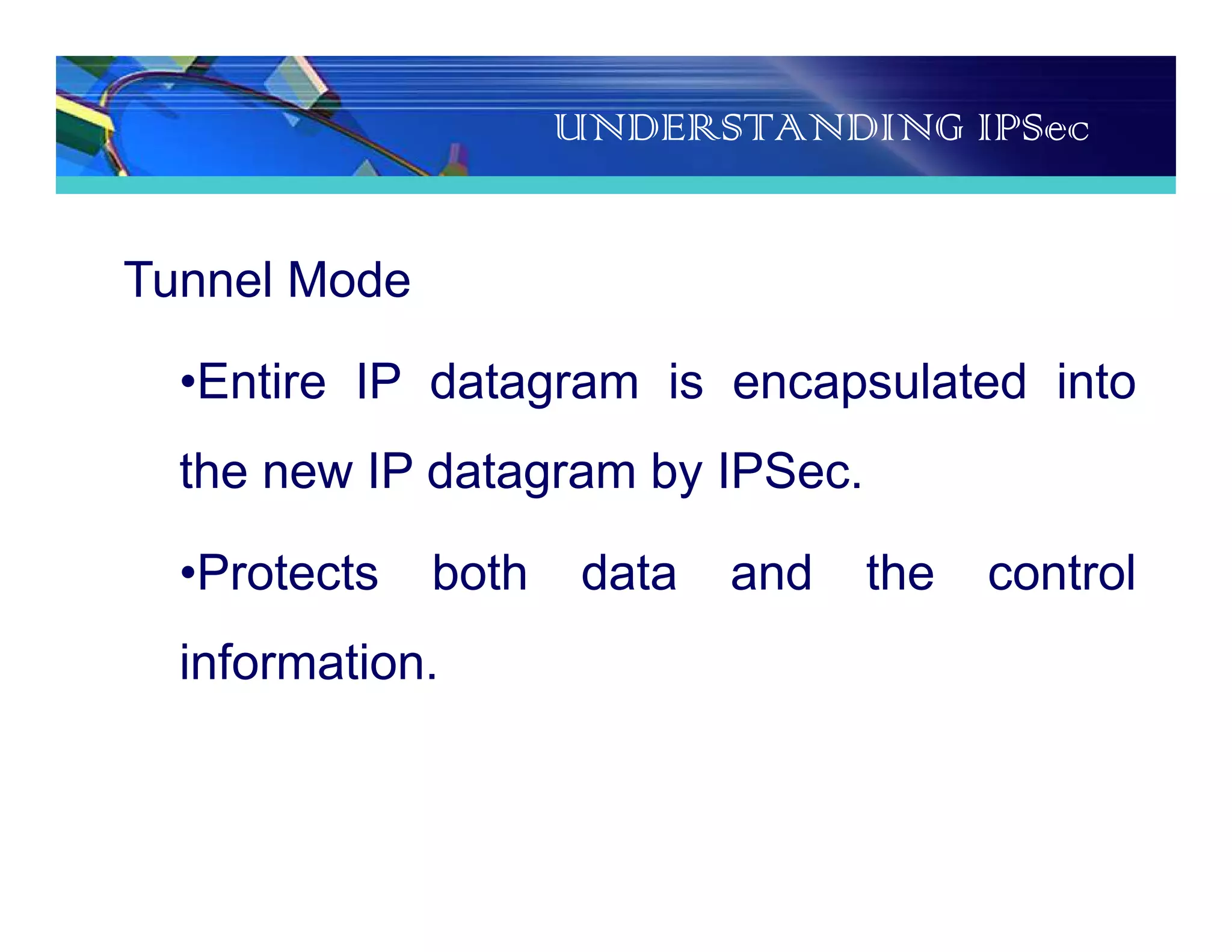 UNDERSTANDING IPSec
Tunnel Mode
•Entire IP datagram is encapsulated into
the new IP datagram by IPSec.
•Protects both data and the control
information.
 