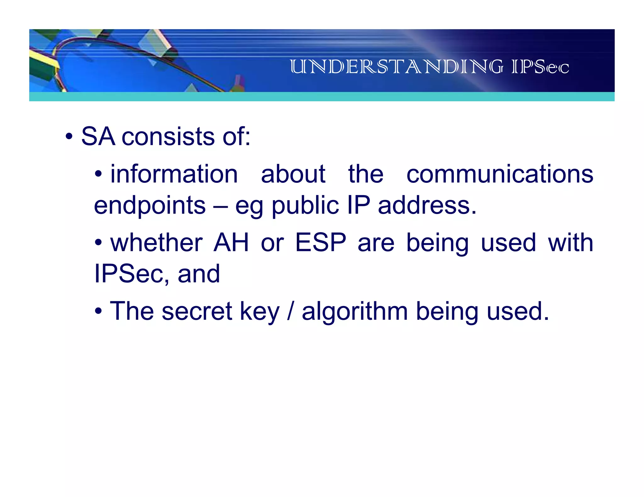UNDERSTANDING IPSec
• SA consists of:
• information about the communications
endpoints – eg public IP address.
• whether AH or ESP are being used with
IPSec, and
• The secret key / algorithm being used.
 