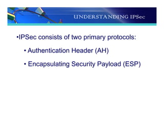 UNDERSTANDING IPSec
•IPSec consists of two primary protocols:
• Authentication Header (AH)
• Encapsulating Security Payload (ESP)
 
