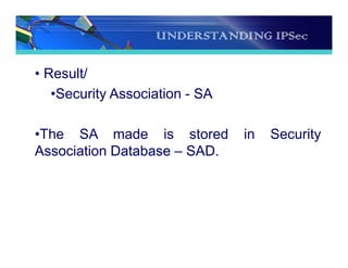 UNDERSTANDING IPSec
• Result/
•Security Association - SA
•The SA made is stored in Security
Association Database – SAD.
 