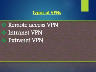 Types of VPNs
 Remote access VPN
 Intranet VPN
 Extranet VPN
 