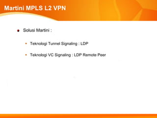 Martini MPLS L2 VPN


     Solusi Martini :


       Teknologi Tunnel Signaling : LDP

       Teknologi VC Signaling : LDP Remote Peer
 