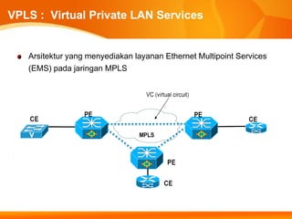 VPLS : Virtual Private LAN Services


   Arsitektur yang menyediakan layanan Ethernet Multipoint Services
   (EMS) pada jaringan MPLS
 