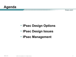 IPsec Design Options IPsec Design Issues IPsec Management Agenda 