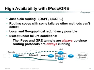 High Availability with IPsec/GRE Just plain routing ! (OSPF, EIGRP...) Routing copes with some failures other methods can't detect Local and Geographical redundancy possible Except under failure conditions: The IPsec and GRE tunnels are  always  up since routing protocols are  always  running Head-End Remote HE-2 HE-1 Internet Corporate Intranet 