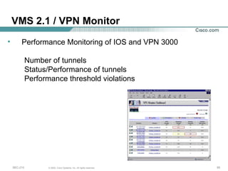 VMS 2.1 / VPN Monitor Performance Monitoring of IOS and VPN 3000 Number of tunnels Status/Performance of tunnels Performance threshold violations 