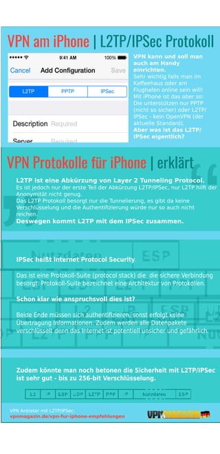 VPN Anbieter mit L2TP/IPSec:
vpnmagazin.de/vpn-fur-iphone-empfehlungen
VPN am iPhone | L2TP/IPSec Protokoll
L2TP ist eine Abkürzung von Layer 2 Tunneling Protocol.
Es ist jedoch nur der erste Teil der Abkürzung L2TP/IPSec, nur L2TP hilft der
Anonymität nicht genug.
Das L2TP Protokoll besorgt nur die Tunnelierung, es gibt da keine
Verschlüsselung und die Authentiﬁzierung würde nur so auch nicht
reichen.
Deswegen kommt L2TP mit dem IPSec zusammen.
IPSec heißt Internet Protocol Security.
Das ist eine Protokoll-Suite (protocol stack) die die sichere Verbindung
besorgt. Protokoll-Suite bezeichnet eine Architektur von Protokollen.
Schon klar wie anspruchsvoll dies ist?
Beide Ende müssen sich authentiﬁzieren, sonst erfolgt keine
Übertragung Informationen. Zudem werden alle Datenpakete
verschlüsselt denn das Internet ist potentiell unsicher und gefährlich.
Zudem könnte man noch betonen die Sicherheit mit L2TP/IPSec
ist sehr gut - bis zu 256-bit Verschlüsselung.
VPN Protokolle für iPhone | erklärt
VPN kann und soll man
auch am Handy
einrichten.
Sehr wichtig falls man im
Kaﬀeehaus oder am
Flughafen online sein will!
Mit iPhone ist das aber so:
Die unterstützen nur PPTP
(nicht so sicher) oder L2TP/
IPSec - kein OpenVPN (der
aktuelle Standard).
Aber was ist das L2TP/
IPSec eigentlich?
 