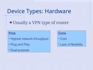 Device Types: Hardware
Usually a VPN type of router
Pros
• Highest network throughput
• Plug and Play
• Dual-purpose
Cons
• Cost
• Lack of flexibility
 