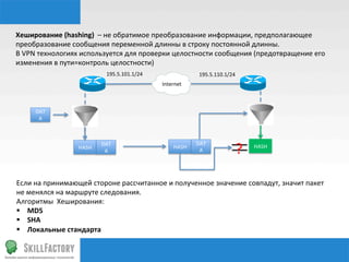 Хеширование	
  (hashing)	
  	
  –	
  не	
  обратимое	
  преобразование	
  информации,	
  предполагающее	
  
преобразование	
  сообщения	
  переменной	
  длинны	
  в	
  строку	
  постоянной	
  длинны.	
  
В	
  VPN	
  технологиях	
  используется	
  для	
  проверки	
  целостности	
  сообщения	
  (предотвращение	
  его	
  
изменения	
  в	
  пути=контроль	
  целостности)	
  	
  	
  
                                     195.5.101.1/24	
                       195.5.110.1/24	
  
                                                          Internet	
  



       DAT
        A	
  




                                                                                             ?
                                  DAT                                      DAT
                       HASH	
                                   HASH	
                           HASH	
  
                                   A	
                                      A	
  




Если	
  на	
  принимающей	
  стороне	
  рассчитанное	
  и	
  полученное	
  значение	
  совпадут,	
  значит	
  пакет	
  
не	
  менялся	
  на	
  маршруте	
  следования.	
  
Алгоритмы	
  	
  Хеширования:	
  
§  MD5	
  
§  SHA	
  
§  Локальные	
  стандарта	
  
	
  	
  	
  
 