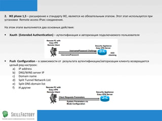 2.	
  	
  	
  IKE	
  phase	
  1,5	
  –	
  расширение	
  к	
  стандарту	
  IKE,	
  является	
  не	
  обязательным	
  этапом.	
  Этот	
  этап	
  используется	
  при	
  
установки	
  	
  Remote	
  access	
  IPsec	
  соединения.	
  
	
  
На	
  этом	
  этапе	
  выполняется	
  два	
  основных	
  действия:	
  
	
  
§  Xauth	
  	
  (Extended	
  Authenqcaqon)	
  –	
  аутентификация	
  и	
  авторизация	
  подключаемого	
  пользователя	
  




§    Push	
  	
  Conﬁguraqon	
  –	
  в	
  зависимости	
  от	
  	
  результата	
  аутентификации/авторизации	
  клиенту	
  возвращается	
  
      целый	
  ряд	
  настроек:	
  
        a)  IP	
  address	
  
        b)  DNS/WINS	
  server	
  IP	
  
        c)  Domain	
  name	
  
        d)  Split	
  Tunnel	
  Network	
  List	
  
        e)  Split	
  DNS	
  domain	
  list	
  
        f)  И	
  другие	
  
 