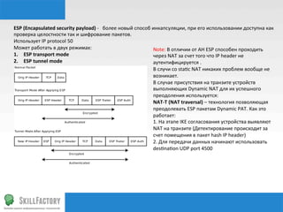 ESP	
  (Encapsulated	
  security	
  payload)	
  -­‐	
  	
  	
  более	
  новый	
  способ	
  инкапсуляции,	
  при	
  его	
  использовании	
  доступна	
  как	
  
проверка	
  целостности	
  так	
  и	
  шифрование	
  пакетов.	
  
Использует	
  IP	
  protocol	
  50	
  
Может	
  работать	
  в	
  двух	
  режимах:	
                                               Note:	
  В	
  отличии	
  от	
  AH	
  ESP	
  способен	
  проходить	
  
1.  ESP	
  transport	
  mode	
                                                             через	
  NAT	
  за	
  счет	
  того	
  что	
  IP	
  header	
  не	
  
2.  ESP	
  tunnel	
  mode	
                                                                аутентифицируется	
  .	
  
                                                                                           В	
  случи	
  со	
  sta‰c	
  NAT	
  никаких	
  проблем	
  вообще	
  не	
  
                                                                                           возникает.	
  
                                                                                           В	
  случае	
  присутствия	
  на	
  транзите	
  устройств	
  
                                                                                           выполняющих	
  Dynamic	
  NAT	
  для	
  их	
  успешного	
  
                                                                                           преодоления	
  используется:	
  
                                                                                           NAT-­‐T	
  (NAT	
  traversal)	
  –	
  технология	
  позволяющая	
  
                                                                                           преодолевать	
  ESP	
  пакетам	
  Dynamic	
  PAT.	
  Как	
  это	
  
                                                                                           работает:	
  
                                                                                           1.	
  На	
  этапе	
  IKE	
  согласования	
  устройства	
  выявляют	
  
                                                                                           NAT	
  на	
  транзите	
  (Детектирование	
  происходит	
  за	
  
                                                                                           счет	
  помещения	
  в	
  пакет	
  hash	
  IP	
  header)	
  
                                                                                           2.	
  Для	
  передачи	
  данных	
  начинают	
  использовать	
  
                                                                                           des‰na‰on	
  UDP	
  port	
  4500	
  
 