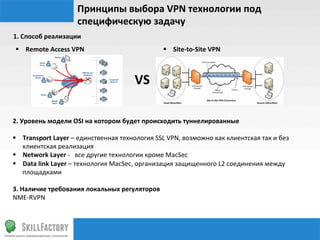 Принципы	
  выбора	
  VPN	
  технологии	
  под	
  
                             специфическую	
  задачу	
  
1.	
  Способ	
  реализации	
  
 §  Remote	
  Access	
  VPN	
                                       §  Site-­‐to-­‐Site	
  VPN	
  



                                                        VS	
  

2.	
  Уровень	
  модели	
  OSI	
  на	
  котором	
  будет	
  происходить	
  туннелированные	
  
	
  
§  Transport	
  Layer	
  –	
  единственная	
  технология	
  SSL	
  VPN,	
  возможно	
  как	
  клиентская	
  так	
  и	
  без	
  
       клиентская	
  реализация	
  
§  Network	
  Layer	
  -­‐	
  	
  	
  все	
  другие	
  технологии	
  кроме	
  MacSec	
  
§  Data	
  link	
  Layer	
  –	
  технология	
  MacSec,	
  организация	
  защищенного	
  L2	
  соединения	
  между	
  
       площадками	
  
	
  
3.	
  Наличие	
  требования	
  локальных	
  регуляторов	
  
NME-­‐RVPN	
  
 
