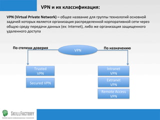 VPN	
  и	
  их	
  классификация:	
  
VPN	
  (Virtual	
  Private	
  Network)	
  –	
  общее	
  название	
  для	
  группы	
  технологий	
  основной	
  
задачей	
  которых	
  является	
  организация	
  распределенной	
  корпоративной	
  сети	
  через	
  
общую	
  среду	
  передачи	
  данных	
  (ex:	
  Internet),	
  либо	
  же	
  организация	
  защищенного	
  
удаленного	
  доступа	
  



    По	
  степени	
  доверия	
                                             По	
  назначению	
  
                                                    VPN	
  



                     Trusted	
                                               Intranet	
  
                       VPN	
                                                   VPN	
  
                                                                             Extranet	
  
                 Secured	
  VPN	
                                              VPN	
  
                                                                         Remote	
  Access	
  
                                                                             VPN	
  
 