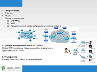 3.	
  Тип	
  транспорта	
  
§  Internet	
  
§  WAN:	
  
	
  	
  	
  	
  	
  	
  Услуга	
  от	
  оператора:	
  
                          a)  VPN	
  MPLS	
  
                          b)  VPLS	
  
                          c)  Предоставление	
  волокна/предоставление	
  λ	
  в	
  волокне	
  	
  	
  	
  	
  	
  	
  	
  




4.	
  Требуется	
  шифрование	
  mulqcast	
  traﬃc	
  –	
  
Не	
  все	
  VPN	
  технологии	
  поддерживают	
  передачу	
  через	
  	
  
туннели	
  mul‰cast	
  traﬃc	
  	
  	
  	
  

5.	
  Размеры	
  сети–	
  
Количество	
  узлов	
  сейчас,	
  планируемый	
  рост	
  	
  	
  	
  
 