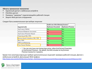 Область	
  применения	
  технологии:	
  
§  Удаленный	
  доступ	
  с	
  мобильных	
  устройств	
  
§  Clientless	
  доступ	
  
§  Проверка	
  “здоровья”	
  подключающейся	
  рабочей	
  станции	
  
§  Защита	
  Web	
  доступа	
  сотрудников	
  

Следует	
  быть	
  внимательным	
  при	
  выборе	
  лицензии	
  




Кроме	
  того	
  некоторые	
  функции	
  требуют	
  дополнительных	
  лицензий:	
  проверка	
  рабочей	
  станции,	
  Доступ	
  с	
  
мобильных	
  устройств,	
  фильтрация	
  Web	
  трафикa	
  
h¦p://www.cisco.com/en/US/docs/security/vpn_client/anyconnect/anyconnect31/feature/guide/anyconnect31features.html	
  
 