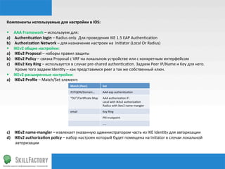 Компоненты	
  используемые	
  для	
  настройки	
  в	
  IOS:	
  
	
  	
  	
  	
  	
  	
  	
  	
  
	
  
§  AAA	
  Framework	
  –	
  используем	
  для:	
  
a)  Authenqcaqon	
  login	
  –	
  Radius	
  only.	
  Для	
  проведения	
  IKE	
  1.5	
  EAP	
  Authen‰ca‰on	
  
b)  Authorizaqon	
  Network	
  –	
  для	
  назначение	
  настроек	
  на	
  	
  Ini‰ator	
  (Local	
  Or	
  Radius)	
  
§  IKEv2	
  общие	
  настройки:	
  
a)  IKEv2	
  Proposal	
  –	
  наборы	
  правил	
  защиты	
  
b)  IKEv2	
  Policy	
  –	
  связка	
  Proposal	
  c	
  VRF	
  на	
  локальном	
  устройстве	
  или	
  с	
  конкретным	
  интерфейсом	
  
c)  IKEv2	
  Key	
  Ring	
  –	
  используется	
  в	
  случае	
  pre-­‐shared	
  authen‰ca‰on.	
  Задаем	
  Peer	
  IP/Name	
  и	
  Key	
  для	
  него.	
  	
  
                                 Кроме	
  того	
  задаем	
  Iden‰ty	
  –	
  как	
  представимcя	
  peer	
  а	
  так	
  же	
  собственный	
  ключ.	
  
§  IKEv2	
  расширенные	
  настройки:	
  
a)  IKEv2	
  Proﬁle	
  –	
  Match/Set	
  элемент:	
  
	
                                                                          Match	
  (Peer)	
             Set	
  
	
                                                                          IP/FQDN/Domain…	
             AAA	
  eap	
  authen‰ca‰on	
  
	
                                                                          “OU”/Cer‰ﬁcate	
  Map	
  	
   AAA	
  authoriza‰on	
  IF:	
  
	
                                                                                                        Local	
  with	
  IKEv2	
  authoriza‰on	
  
	
                                                                                                        Radius	
  with	
  ikev2	
  name-­‐mangler	
  
	
                                                                          email	
                       Key	
  Ring	
  
	
                                                                                                        PKI	
  trustpoint	
  
	
                                                                                                        …..	
  
	
  
c)  IKEv2	
  name-­‐mangler	
  –	
  извлекает	
  указанную	
  администратором	
  часть	
  из	
  IKE	
  Iden‰ty	
  для	
  авторизации	
  
d)  IKEv2	
  authorizaqon	
  policy	
  –	
  набор	
  настроек	
  который	
  будет	
  помещена	
  на	
  Ini‰ator	
  в	
  случаи	
  локальной	
  
                                 авторизации	
  	
  	
  	
  
                                  	
  
 