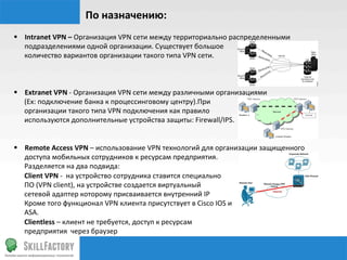 По	
  назначению:	
  
§  Intranet	
  VPN	
  –	
  Организация	
  VPN	
  сети	
  между	
  территориально	
  распределенными	
  
                        подразделениями	
  одной	
  организации.	
  Существует	
  большое	
  
                        количество	
  вариантов	
  организации	
  такого	
  типа	
  VPN	
  сети.	
  
	
  
	
  
	
  
§  Extranet	
  VPN	
  -­‐	
  Организация	
  VPN	
  сети	
  между	
  различными	
  организациями	
  	
  
	
  	
  	
  	
  	
  	
  (Ex:	
  подключение	
  банка	
  к	
  процессинговому	
  центру).При	
  	
  
	
  	
  	
  	
  	
  	
  организации	
  такого	
  типа	
  VPN	
  подключения	
  как	
  правило	
  	
  
	
  	
  	
  	
  	
  	
  используются	
  дополнительные	
  устройства	
  защиты:	
  Firewall/IPS.	
  	
  	
  	
  	
  	
  	
  
	
  
	
  
§  Remote	
  Access	
  VPN	
  –	
  использование	
  VPN	
  технологий	
  для	
  организации	
  защищенного	
  
                        доступа	
  мобильных	
  сотрудников	
  к	
  ресурсам	
  предприятия.	
  
	
  	
  	
  	
  	
  	
  Разделяется	
  на	
  два	
  подвида:	
  
	
  	
  	
  	
  	
  	
  Client	
  VPN	
  -­‐	
  	
  на	
  устройство	
  сотрудника	
  ставится	
  специально	
  
	
  	
  	
  	
  	
  	
  ПО	
  (VPN	
  client),	
  на	
  устройстве	
  создается	
  виртуальный	
  	
  
	
  	
  	
  	
  	
  	
  сетевой	
  адаптер	
  которому	
  присваивается	
  внутренний	
  IP	
  
	
  	
  	
  	
  	
  	
  Кроме	
  того	
  функционал	
  VPN	
  клиента	
  присутствует	
  в	
  Cisco	
  IOS	
  и	
  	
  
	
  	
  	
  	
  	
  	
  ASA.	
  
	
  	
  	
  	
  	
  	
  Clientless	
  –	
  клиент	
  не	
  требуется,	
  доступ	
  к	
  ресурсам	
  	
  
	
  	
  	
  	
  	
  	
  предприятия	
  	
  через	
  браузер	
  
 