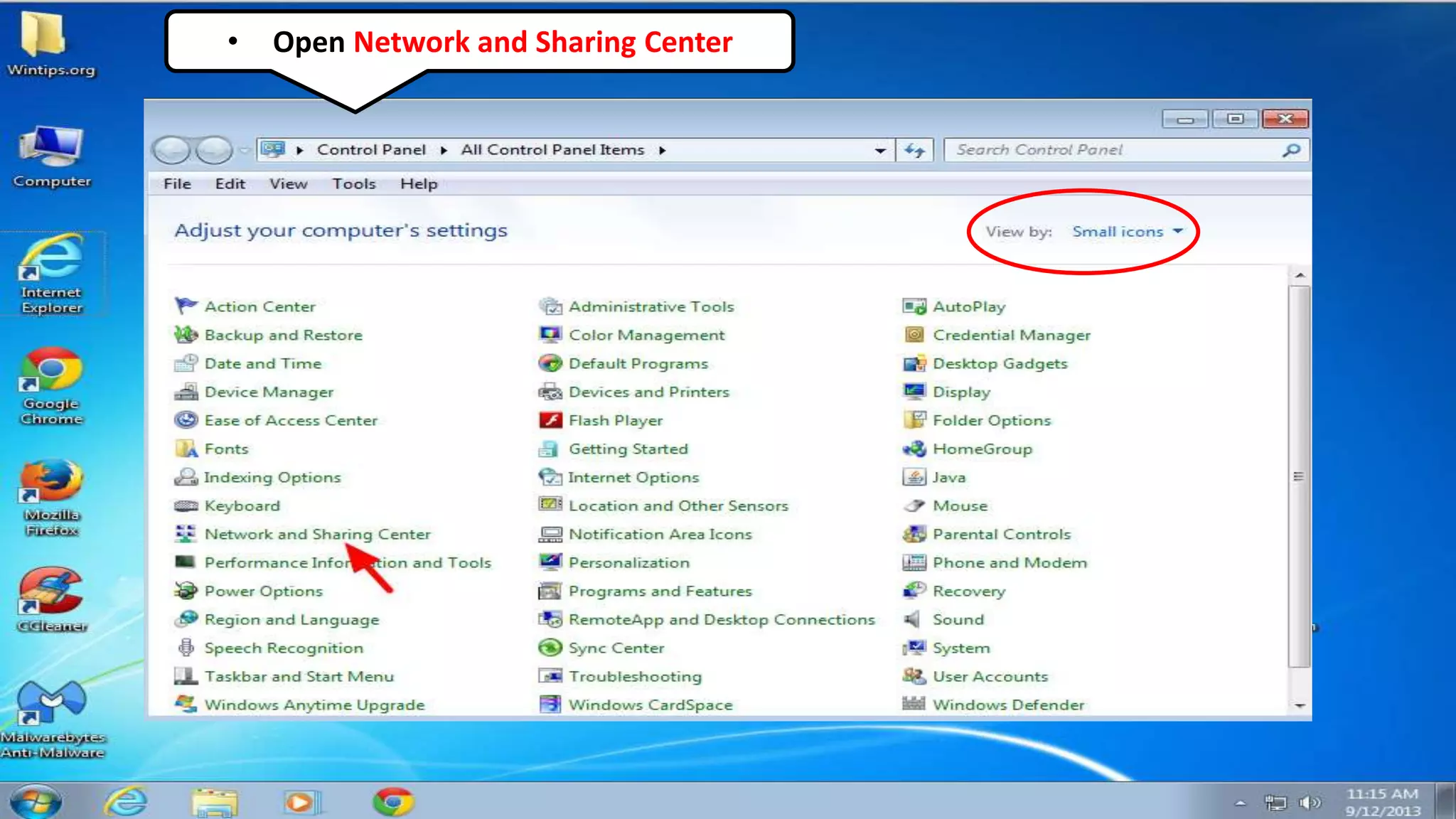 • Open Network and Sharing Center
 