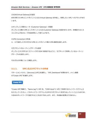 Amazon  Web  Services  –  Amazon  VPC    VPN 接続設定  参考資料料  
10
3.1.2. Virtual Private Gateway の設定
マネージメントコンソールから、[Services]-‐‑‒[VPC]を選択し、左メニューの”VPC  Connection”にあ
る”Virtual  Private  Gateway”をクリックし、メイン画⾯面の”Create  Virtual  Private  Gateway”のボタン
をクリックします。  
  
  
“Create  Virtual  Private  Gateway”の画⾯面で”Name  tag”に VGW 名を⼊入⼒力力し、”Yes,  Create”をクリッ
クします。  
  
  
リストに作成した VGW が表⽰示されます。作成した VGW を選択し、”Attach   to   VPC”をクリックします。  
  
  
“Attach  to  VPC”の画⾯面で”VPC“のプルダウンから利利⽤用したい VPC を選択し、”Yes,  Attach”をクリック
します。  
  
  
リスト中で、VGW の Status 欄を確認してください。操作直後は”attaching”ですが、”attached”にな
ったら完了了です。  
  
                                 ↓  
 