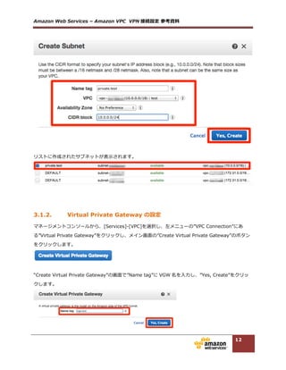 Amazon  Web  Services  –  Amazon  VPC    VPN 接続設定  参考資料料  
12
“Customer  Gateway”で”New”にチェックを⼊入れ、  
“IP  Address”で Customer  Gateway のパブリック IP アドレスを⼊入⼒力力、  
“Static  IP  Prefixes”にオンプレミスで利利⽤用しているネットワークアドレスを⼊入⼒力力  、  
“Yes  Create”をクリックします。  
  
  
  
リストに作成した VPN  Connection が表⽰示されます。  
  
  
3.1.4. Customer Gateway コンフィグレーションファイルのダウンロード
Customer  Gateway で利利⽤用するコンフィグレーションはマネージメントコンソールからダウンロードす
ることが可能です。AWS 側の VPN エンドポイントの IP アドレスや IPsec の設定内容も記載されていま
すので、ご利利⽤用の機種に合ったコンフィグレーションファイルをダウンロードしてください。  
  
VPN  Connection の⼀一覧の上にある”Download  Configuration”をクリックします。  
  
  
 