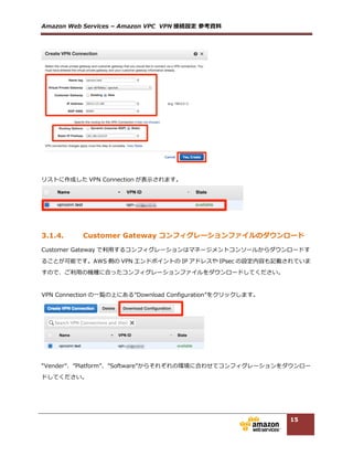 Amazon  Web  Services  –  Amazon  VPC    VPN 接続設定  参考資料料  
15
3.2. Customer Gateway の設定
それぞれの項⽬目毎の設定について記述します。こちらの設定は AWS  documentation の”Amazon  
Virtual  Private  Cloud  Network  Administrator  Guide”に記載しております。  
http://docs.aws.amazon.com/AmazonVPC/latest/NetworkAdminGuide/Cisco.html  
  
3.2.1. IKE の設定
VPN 接続における、フェーズ１  IKE(インターネット鍵交換プロトコル)の設定を⾏行行います。  
Tunnel  #A  
!  
crypto  isakmp  policy  200  
      encryption  aes  128  
      authentication  pre-‐‑‒share  
      group  2  
      lifetime  28800  
      hash  sha  
exit  
!  
crypto  keyring  keyring-‐‑‒vpn-‐‑‒xxxxxxxx-‐‑‒0  
      pre-‐‑‒shared-‐‑‒key  address  72.21.209.225  key  plain-‐‑‒text-‐‑‒password1  
exit  
!  
crypto  isakmp  profile  isakmp-‐‑‒vpn-‐‑‒xxxxxxxx-‐‑‒0  
      match  identity  address  72.21.209.225  
      keyring  keyring-‐‑‒vpn-‐‑‒xxxxxxxx-‐‑‒0  
exit  
!  
  
  
  
  
  
 