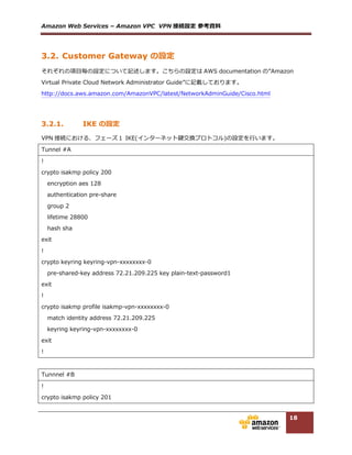 Amazon  Web  Services  –  Amazon  VPC    VPN 接続設定  参考資料料  
18
!  
crypto  ipsec  df-‐‑‒bit  clear  
!  
crypto  isakmp  keepalive  10  10  on-‐‑‒demand  
!  
  
 