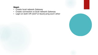 Step4-
• Create local network Gateway
• Create connection in local network Gateway
• Login on both VM (GCP or Azure) ping each other
 