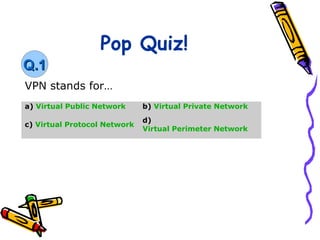 Pop Quiz!
Q.1
VPN stands for…
a) Virtual Public Network     b) Virtual Private Network
                              d)
c) Virtual Protocol Network
                              Virtual Perimeter Network
 