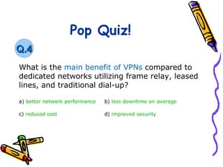 Pop Quiz!
Q.4
What is the main benefit of VPNs compared to
dedicated networks utilizing frame relay, leased
lines, and traditional dial-up?

a) better network performance   b) less downtime on average

c) reduced cost                 d) improved security
 