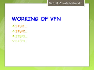 WORKING OF VPN
 STEP1…

 STEP2…

 STEP3…
 STEP4…
 