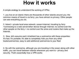 How it works
A simple analogy to understand the working of VPNs:
1. you live on an island; there are thousands of other islands around you; the
common means of travel is via ferry; you have almost no privacy: Other people
can see everything you do.
2. Island = private local area network; ocean=internet; traveling by ferry
=connecting to a web server/other device through Internet; no control over the
other people on the ferry = no control over the wires and routers that make up the
Internet.
3. Now, let's assume each inhabitant has a submarine with these properties:
It's fast; It's portable; It's able to completely hide you from any other
boats/submarines; easy to add additional submarines to your fleet

4. So with the submarine, although you are traveling in the ocean along with other
traffic, you can travel between islands whenever you want to - privacy and
security. That's essentially how a VPN works

 