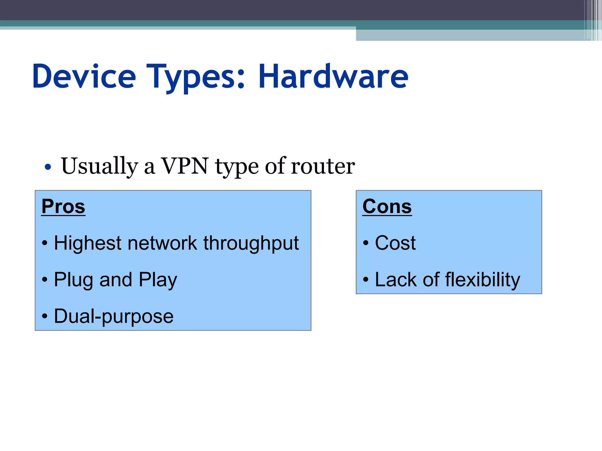 Device Types: Hardware
• Usually a VPN type of router
Pros
• Highest network throughput
• Plug and Play
• Dual-purpose
Cons
• Cost
• Lack of flexibility
 