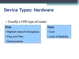 Device Types: Hardware
• Usually a VPN type of router
Pros
• Highest network throughput
• Plug and Play
• Dual-purpose
Cons
• Cost
• Lack of flexibility
 