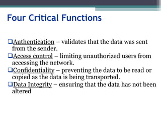 Four Critical Functions
Authentication – validates that the data was sent
from the sender.
Access control – limiting unauthorized users from
accessing the network.
Confidentiality – preventing the data to be read or
copied as the data is being transported.
Data Integrity – ensuring that the data has not been
altered
 