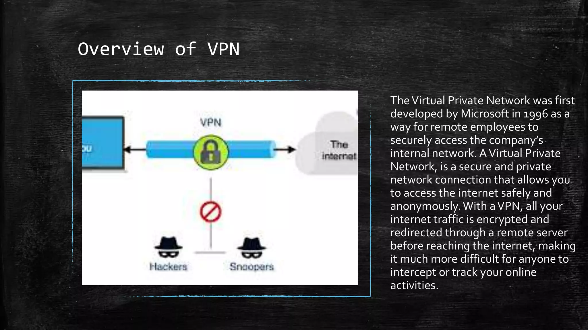 Overview of VPN
TheVirtual Private Network was first
developed by Microsoft in 1996 as a
way for remote employees to
securely access the company’s
internal network.AVirtual Private
Network, is a secure and private
network connection that allows you
to access the internet safely and
anonymously.With aVPN, all your
internet traffic is encrypted and
redirected through a remote server
before reaching the internet, making
it much more difficult for anyone to
intercept or track your online
activities.
 