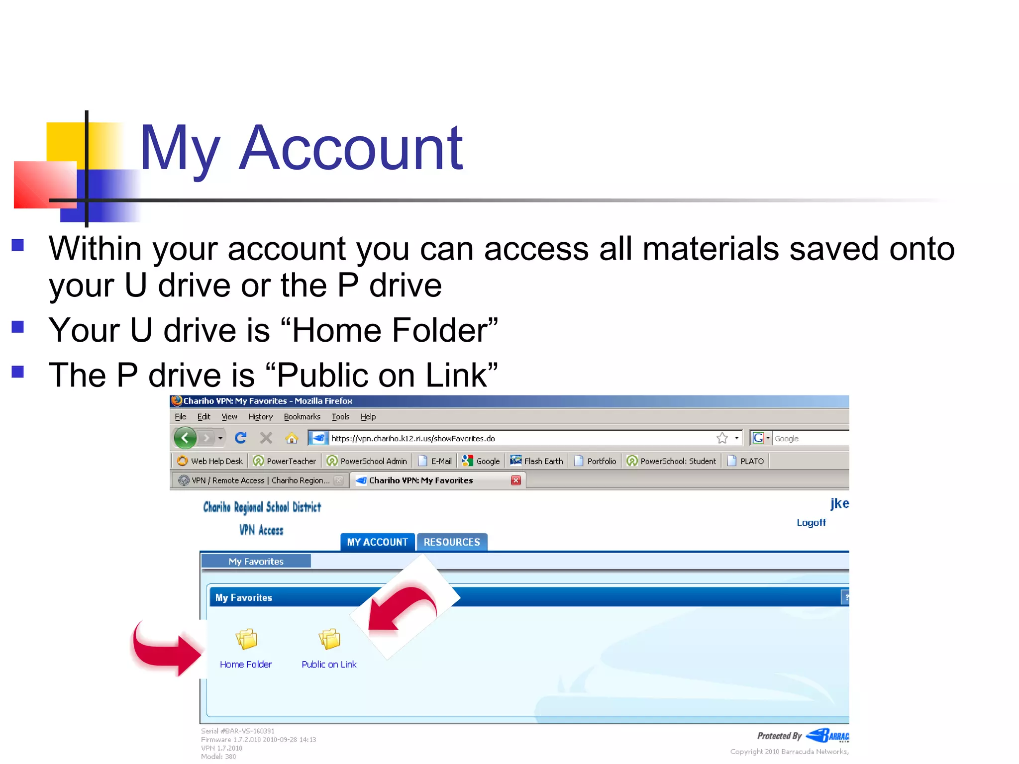 My Account
 Within your account you can access all materials saved onto
your U drive or the P drive
 Your U drive is “Home Folder”
 The P drive is “Public on Link”
 