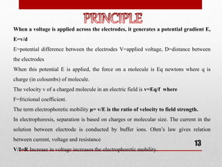 When a voltage is applied across the electrodes, it generates a potential gradient E,
E=v/d
E=potential difference between the electrodes V=applied voltage, D=distance between
the electrodes
When this potential E is applied, the force on a molecule is Eq newtons where q is
charge (in coloumbs) of molecule.
The velocity v of a charged molecule in an electric field is v=Eq/f where
F=frictional coefficient.
The term electrophoretic mobility μ= v/E is the ratio of velocity to field strength.
In electrophoresis, separation is based on charges or molecular size. The current in the
solution between electrode is conducted by buffer ions. Ohm’s law gives relation
between current, voltage and resistance
V/I=R Increase in voltage increases the electrophoretic mobility.
13
 