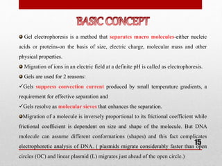 Gel electrophoresis is a method that separates macro molecules-either nucleic
acids or proteins-on the basis of size, electric charge, molecular mass and other
physical properties.
Migration of ions in an electric field at a definite pH is called as electrophoresis.
Gels are used for 2 reasons:
Gels suppress convection current produced by small temperature gradients, a
requirement for effective separation and
Gels resolve as molecular sieves that enhances the separation.
Migration of a molecule is inversely proportional to its frictional coefficient while
frictional coefficient is dependent on size and shape of the molecule. But DNA
molecule can assume different conformations (shapes) and this fact complicates
electrophoretic analysis of DNA. ( plasmids migrate considerably faster than open
circles (OC) and linear plasmid (L) migrates just ahead of the open circle.)
15
 