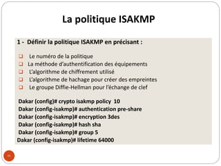 La politique ISAKMP
21
1 - Définir la politique ISAKMP en précisant :
 Le numéro de la politique
 La méthode d’authentification des équipements
 L’algorithme de chiffrement utilisé
 L’algorithme de hachage pour créer des empreintes
 Le groupe Diffie-Hellman pour l’échange de clef
Dakar (config)# crypto isakmp policy 10
Dakar (config-isakmp)# authentication pre-share
Dakar (config-isakmp)# encryption 3des
Dakar (config-isakmp)# hash sha
Dakar (config-isakmp)# group 5
Dakar (config-isakmp)# lifetime 64000
 