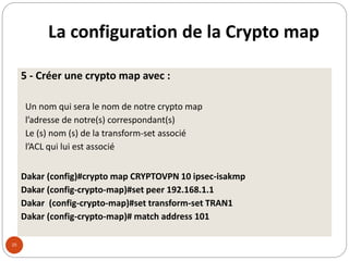 La configuration de la Crypto map
25
5 - Créer une crypto map avec :
Un nom qui sera le nom de notre crypto map
l’adresse de notre(s) correspondant(s)
Le (s) nom (s) de la transform-set associé
l’ACL qui lui est associé
Dakar (config)#crypto map CRYPTOVPN 10 ipsec-isakmp
Dakar (config-crypto-map)#set peer 192.168.1.1
Dakar (config-crypto-map)#set transform-set TRAN1
Dakar (config-crypto-map)# match address 101
 