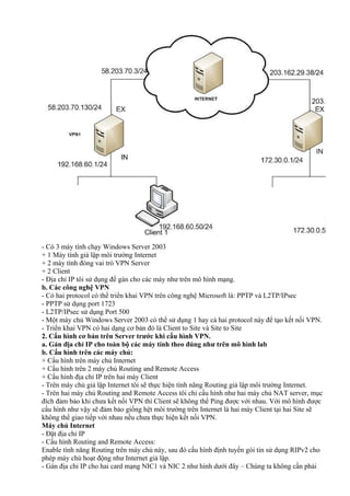 - Có 3 máy tính chạy Windows Server 2003 
+ 1 Máy tính giả lập môi trường Internet 
+ 2 máy tính đóng vai trò VPN Server 
+ 2 Client 
- Địa chỉ IP tôi sử dụng để gán cho các máy như trên mô hình mạng. 
b. Các công nghệ VPN 
- Có hai protocol có thể triển khai VPN trên công nghệ Microsoft là: PPTP và L2TP/IPsec 
- PPTP sử dụng port 1723 
- L2TP/IPsec sử dụng Port 500 
- Một máy chủ Windows Server 2003 có thể sử dụng 1 hay cả hai protocol này để tạo kết nối VPN. 
- Triển khai VPN có hai dạng cơ bản đó là Client to Site và Site to Site 
2. Cấu hình cơ bản trên Server trước khi cấu hình VPN. 
a. Gán địa chỉ IP cho toàn bộ các máy tính theo đúng như trên mô hình lab 
b. Cấu hình trên các máy chủ: 
+ Cấu hình trên máy chủ Internet 
+ Cấu hình trên 2 máy chủ Routing and Remote Access 
+ Cấu hình địa chỉ IP trên hai máy Client 
- Trên máy chủ giả lập Internet tôi sẽ thực hiện tính năng Routing giả lập môi trường Internet. 
- Trên hai máy chủ Routing and Remote Access tôi chỉ cấu hình như hai máy chủ NAT server, mục 
đích đảm bảo khi chưa kết nối VPN thì Client sẽ không thể Ping được với nhau. Với mô hình được 
cấu hình như vậy sẽ đảm bảo giống hệt môi trường trên Internet là hai máy Client tại hai Site sẽ 
không thể giao tiếp với nhau nếu chưa thực hiện kết nối VPN. 
Máy chủ Internet 
- Đặt địa chỉ IP 
- Cấu hình Routing and Remote Access: 
Enable tính năng Routing trên máy chủ này, sau đó cấu hình định tuyến gói tin sử dụng RIPv2 cho 
phép máy chủ hoạt động như Internet giả lập. 
- Gán địa chỉ IP cho hai card mạng NIC1 và NIC 2 như hình dưới đây – Chúng ta không cần phải 
 